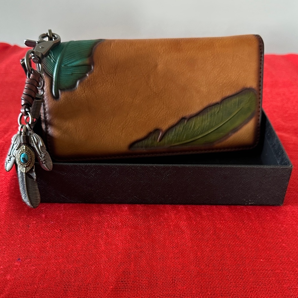Brown and Green Feather Wallet/Wristlet with Feather Charms